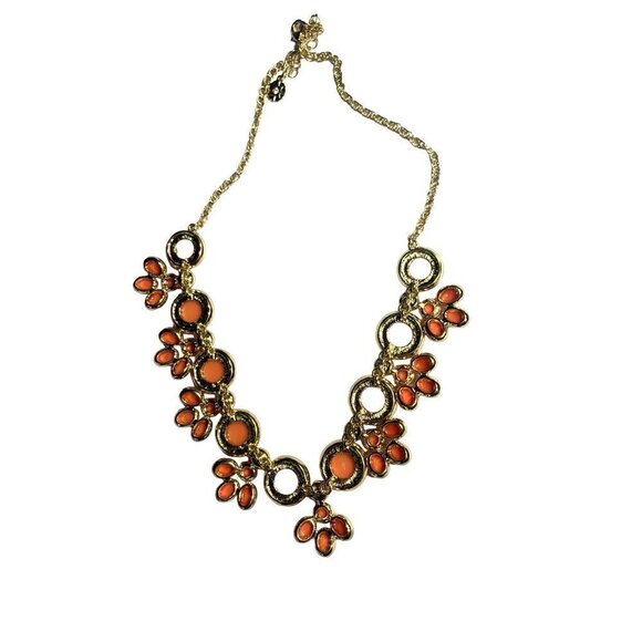Monet Faux Gem Orange Floral Princess Necklace On Gold Tone Chain 7" Drop - Picture 3 of 10